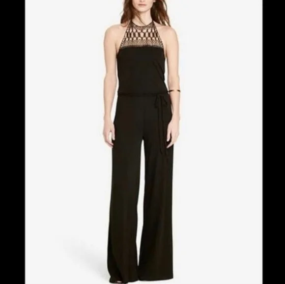 NWT Lauren Ralph Lauren Black Crochet Halter Pull On Jumpsuit - Picture 1 of 9